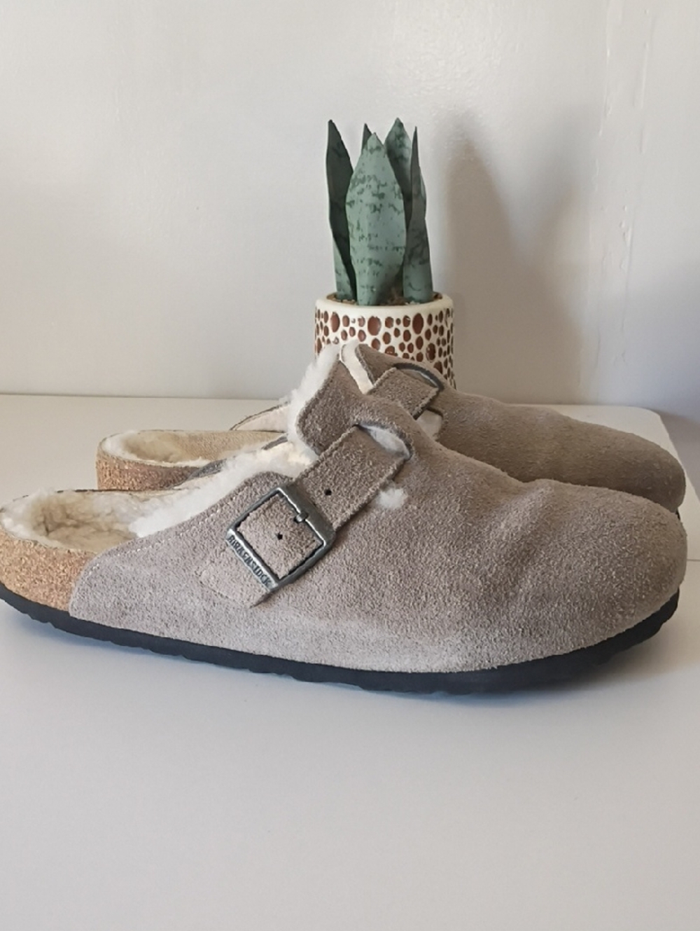 Birkenstock Shearling-Lined Suede Clog in Taupe size 9 -9.5 42